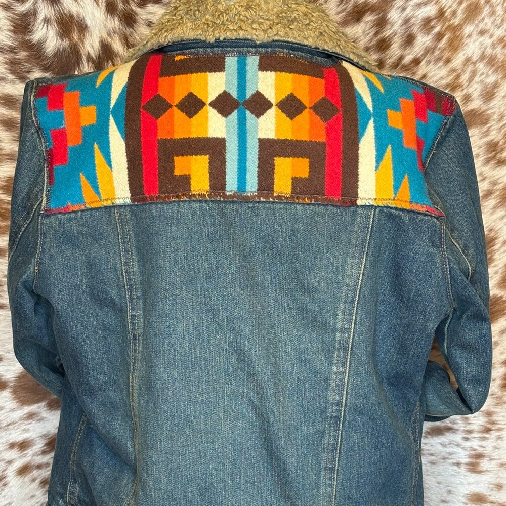 Upcycled GAP Denim Jacket tan Sherpa Lined Pendleton Wool Aztec Print Western St